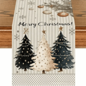 QUA Santa Snowman Christmas Table Runner Tabletop Decoration Reindeer Poinsettia Table Runner Home Decor Flower Xmas Table Flag Christmas