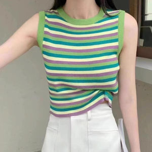 ChoiFoo เสื้อกล้ามผู้หญิงใหม่ฤดูร้อน2025เสื้อแขนกุดเสื้อกั๊กลายทางสีลูกกวาดสไตล์เกาหลีเสื้อกล้าม Cewek Seksi สั้นเข้ารูปพอดีเสื้อแขนกุดผ้าถักเสื้อกั๊กคอกลมนุ่มสบายเย็นระบายอากาศได้ดีเสื้อแขนกุด