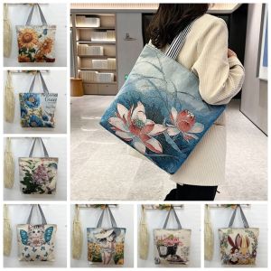 SOTOP Embroidery Ethnic Style Handbag Large Capacity Canvas Embroidery Tote Bag Trendy Cosmetic Bag Animal Shoulder Bag Ladies