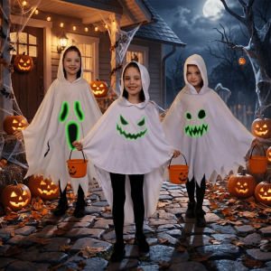 YOUSHI TOP Creative Luminous Ghost Cloak Glow In The Dark Drop Shoulder Halloween Cosplay Costume Funny Solid Color Kids Hooded Cape Party