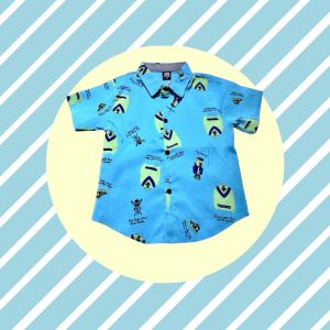 เสื้อเชิ้ตเด็ก คอปกแขนสั้น ลายหมีเสื้อกั๊ก  ผ้าคอตตอนผสม นิ่มใส่สบาย พิมลายสีสันสดใส สำหรับเด็ก 1 - 12 ปี