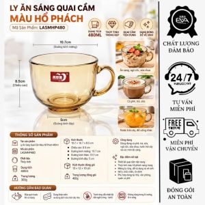 Ly Ăn Sáng Thủy Tinh Màu Hổ Phách 480ml Quai Cầm Tròn Kèm Muỗng Lá Cây Sang Trọng