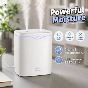 Dual Nozzle Humidifier 2 Liter Usb Powered Led Night Light Quiet Mist Maker For Home Bedroom Office Use