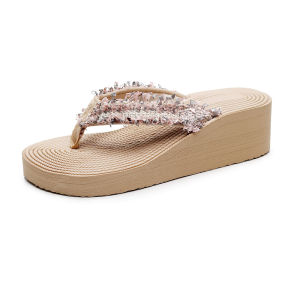 [Free Shipping] Bohemian Faux Straw Rope Woven Appliqué Flip-Flops Summer Sandals For Women Outdoor Wear Wedge High-Heeled Beach Shoes