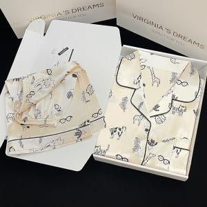 Cartoon Animal Print Imitation Silk Thin Short Sleeved Shorts Set Pajamas Womens Summer Home Clothing Kawaii Cats Printed Pjs