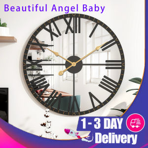 58cm Creative Mirror Round Roman Mirror Surface Numerals Metal Clock Mute Decorative Clock