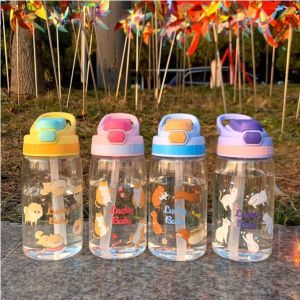 480ml Cute Drinking Bottle Kindergarten Straw Cup Creative Toddler Duckbill Plastic Container Cartoon Children Water Bottles