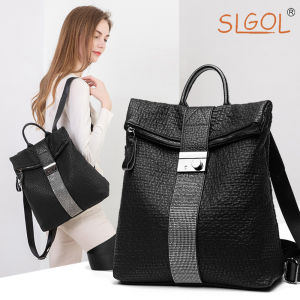 Genuine Leather BackpackSLGOL Womens Backpack Black Genuine Leather Backpack Ladies Shoulder Bag Casual Travel Daypack