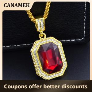 【 CANAMEK 】 Inlaid Diamond Square Ruby Necklace Hip Hop Mens Pendant Red Stone Pendant Vintage Jewelry Costume Accessories