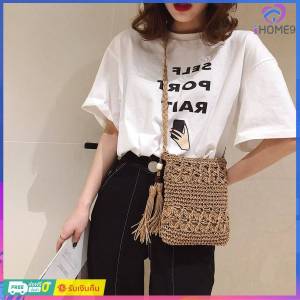 🎀แฟชั่นสีทึบพู่กระเป๋าถือสะพายไหล่ผ้าทอผู้หญิง Beach Casual สะพายข้างกระเป๋า Messenger กระเป๋าถือสตรีสีสดใส