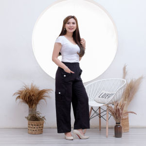celana kargo wanita linen crinkle
