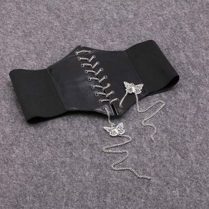 New Ultra Wide Belts For Women Butterfly Metal Chain Corset Belt Female PU Leather Slimming Body Elastic Waist Belt