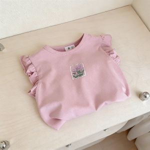 Bộ trang phục bé gái 3-8 tuổi gồm áo ba lỗ cánh bướm hoạt hình + quần ngắn hoa phong cách đơn giản mùa hè đa sắc màu