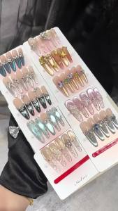 【HANDMADE+Free Glue】Press on Nails long Stiletto Temperament Whitening Manicure Phototherapy Fake Nail Patch Artificial Nail Reusable