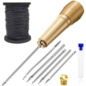 TSEVD 1Set Sewing Awl Handmade Leather Sewing Tools with Copper Handle DIY Craft Leather Sewing Kit DIY Portable Nylon Thread Leather Sewing Tapered s for Shoes and Leather Repairs