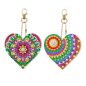2pcs DIY Kids Craft Heart Shape Tap Luminous Light Diamond Art Painting Keychain