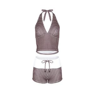 Swimsuit Two Piece Swimwear Plaid Colorblock Halter V Neck Padded Backless Beach Holiday