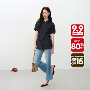 Giordano Women Lyocell belted waist short sleeve shirt Free Shipping 18346320