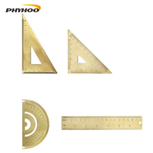 PHYHOO 4Pcs Antique Copper Brass Geometry Set Straight Ruler Right Triangle & Semicircular Protractor Precision Measuring Drawing Tools