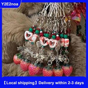 【Local shipping】 Unique Sweet Strawberry Phone Charms Pendant Cute Bow Heart Beaded Keychain Camera Schoolbag Decoration Accessories Gifts