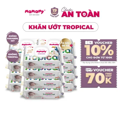 COMBO 12 bịch khăn ướt Mamamy Tropical 90 tờ an toàn cho bé từ sơ sinh