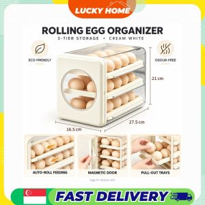 【Lucky Home】 Egg Storage Box 3 Tier Rolling Egg Organizer with Magnetic Door Pull Out Trays for Fridge Cream White