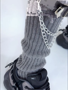 Japanese Womens Ribbed Knit Leg Warmer with Heart Chain Leather Belt Motorcycle Boot Covers Calf Length Socks Streetwear