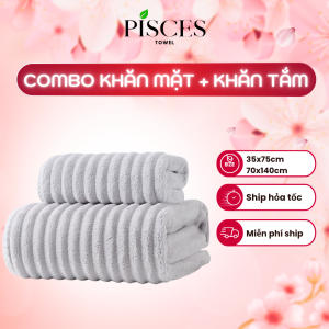 Combo Khăn Mặt Và Khăn Tắm PISCES TOWEL 35x75cm 70x140cm Mềm Mại Thấm Hút  Kháng KhuẩnKhăn Gia Đình