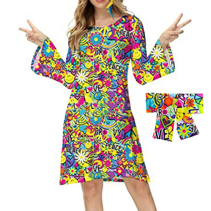 70s Womens Hippie Costume Retro Print Flared Sleeve Dress with Headband  Disco Costume Masquerade Halloween Cosplay Gift Customizable Size And Color  - Lazada | Lazada PH