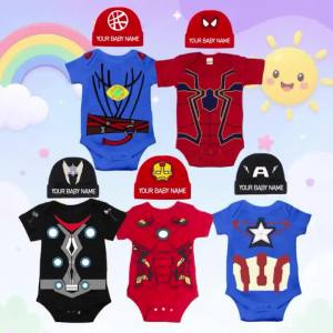Superhero Baby Onesie Romper 2PC Monthly Milestone Hero Baby Costume Short-Sleeved Clothes Free Custom Hat KNT6