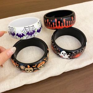 KEND Ghost/Spider Web/Bat Halloween Acrylic Bangle Pumpkin Skull Europe American Style Hand Ring Cute Minority Design Halloween Wide Bracelet Halloween Gift