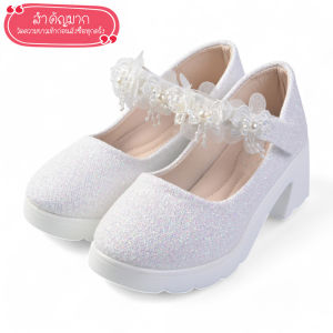 รองเท้าคัชชูเด็ก ดีไซน์น่ารัก วัสดุกลิตเตอร์มาพร้อมสายรัดดอกไม้ตกแต่งมุกด สวมใส่สบาย เหมาะสำหรับงานพิเศษหรือชุดเจ้าหญิง