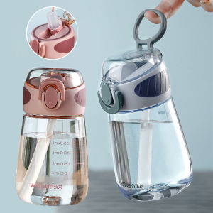 Portable Plastic Water Straw Cup Drop Proof Food-Grade Silicone Kids Sippy Cup with Scale Leak-proof Water Bottle