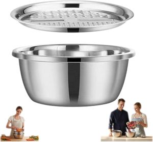 Multifunctional Stainless Steel Basin 3-in-1 Stainless Steel Shredding & Drainage Chopping Basin with Grater Lid Colander & Mixing Bowl for Vegetables Fruits & Rice Rinser (26CMThree-piece set)
