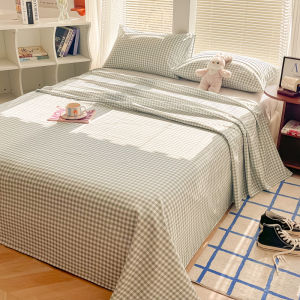 Dansunreve Washed Cotton Bed Sheet Japanese Style Plain Grid Student Dormitory Flatsheet Plaid Bed Linen