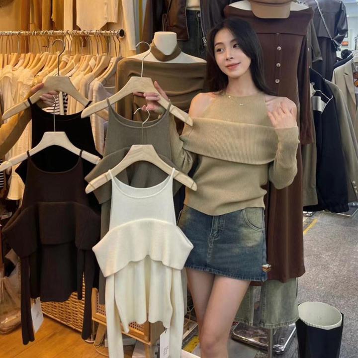 👚What’s up_IT👚 เสื้อสเวตเตอร์เสื้อไหมพรมแขนสั้นสไตล์ความคมชัดสีปลอมสอง ...