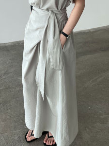 2026 Early Autumn New Women Retro Irregular Hem Dress Tie Waist Split Design Short Sleeve Long Dress