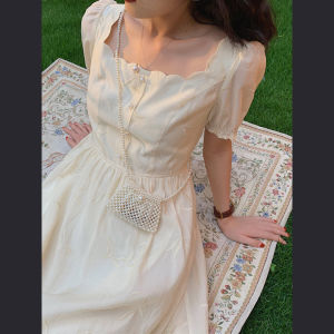 ELF TRIBE Hepburn Đầm Pháp Tay Phồng Cổ Vuông Khóa Ngọc Trai Thêu Phong Cách Thơm Mát Nhỏ Cho Nữ