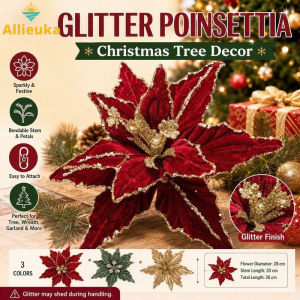 Allieuka Artificial Poinsettia Glitter Flower Stem Christmas Tree Ornament Decor For Wreath Garland Party