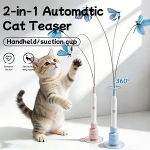 OUTOPEN Steel Wire Electric Cat Toy with Suction Cup Long Rod Self-entertaining Toy Interactive Pet Toy 360° Swivel Automatic Cat Teaser Indoor Play