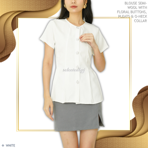 Blouse Wanita Semi-Wool Motif Floral dengan Kerah O-Check dan Pleats Elegan