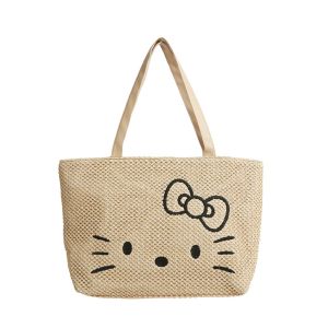 CRNGW Large Capacity Weave Tote Bag Kitty Cat Fashion Summer Beach Straw Handbag Casual Shopping Bag Bohemian Shoulder Bag Girls