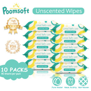 Poomsoft 10 Packs x 80 Sheet Unscented Alcohol-Free Baby Wipes Wet Tissue Wipes Bubble wrap packing FDA Certification
