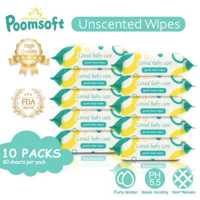 Poomsoft 10 Packs x 80 Sheet Unscented Alcohol-Free Baby Wipes Wet Tissue Wipes Bubble wrap packing FDA Certification