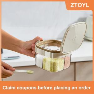 【ZTOYL】 Gia vị hộp với nắp và muỗng 4 ngăn gia vị chậu với xử lý nhà bếp gia vị lọ cho đường muối hạt tiêu