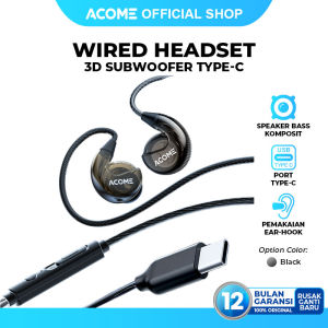 ACOME Earphone Headset Type-C ACE01 Pro 3D Subwoofer Powerfull Bass Plug and Play Transparent Wired Body Black Original - Garansi Resmi 1 Tahun