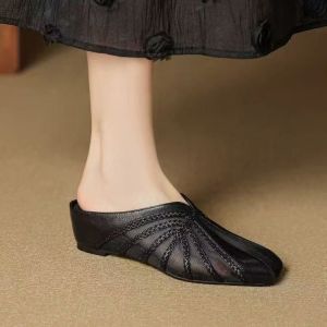 [Free Shipping] Breathable Closed-Toe Half Slippers For Women New Chinese Style Square Toe With Inner Height-Increasing Insole Mid-Heel And Non-Slip Sole