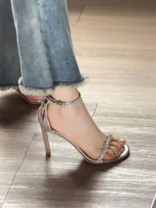 Free Shipping Summer New Silver Patent Leather Strappy High Heels With Rhinestones WomenS Stiletto Sandals Versatile Open-Toe Design