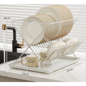 ชั้นวางท่อระบายน้ำพับได้รูปตัว X ชั้นวางจานโลหะ 2 ชั้น เหมาะสำหรับจัดเก็บเครื่องใช้บนโต๊ะอาหารในครัวเรือน