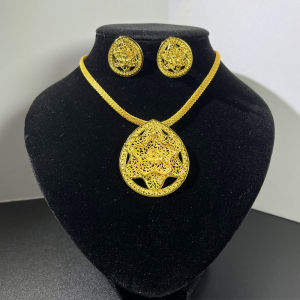 Oval Flower Dubai 24k Gold Plated Jewelry Set Necklace Bridal Wedding Necklace Earrings
